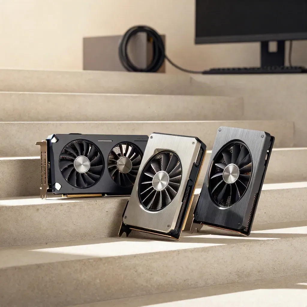 Three GPUs on a concrete stair landing with warm daylight and a blurred cable behind.
