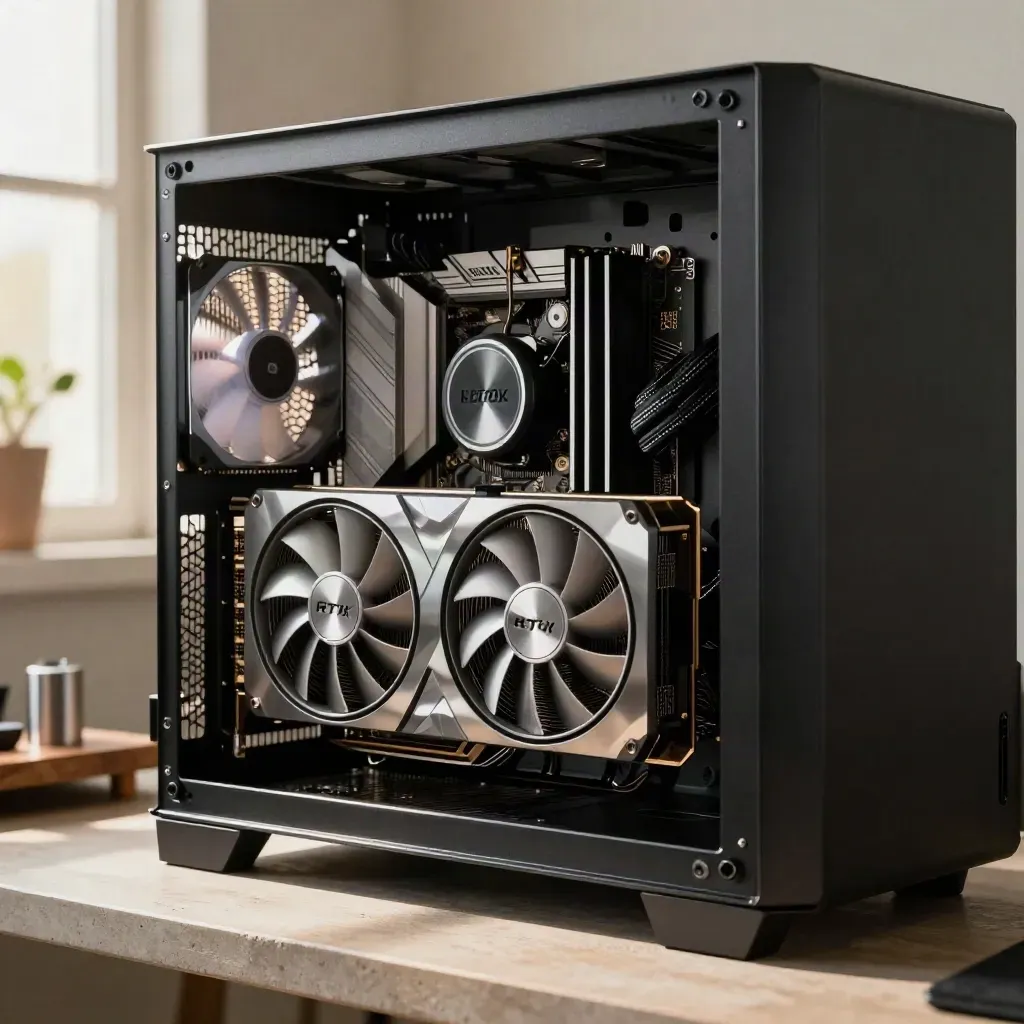 RTX 4070 Super in a quiet open test rig, silver accents, warm workshop light.