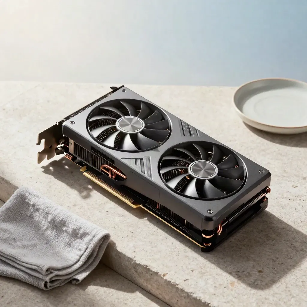 RX 7800 XT on a stone windowsill beside a cloth and tray, fans winding down in morning haze.