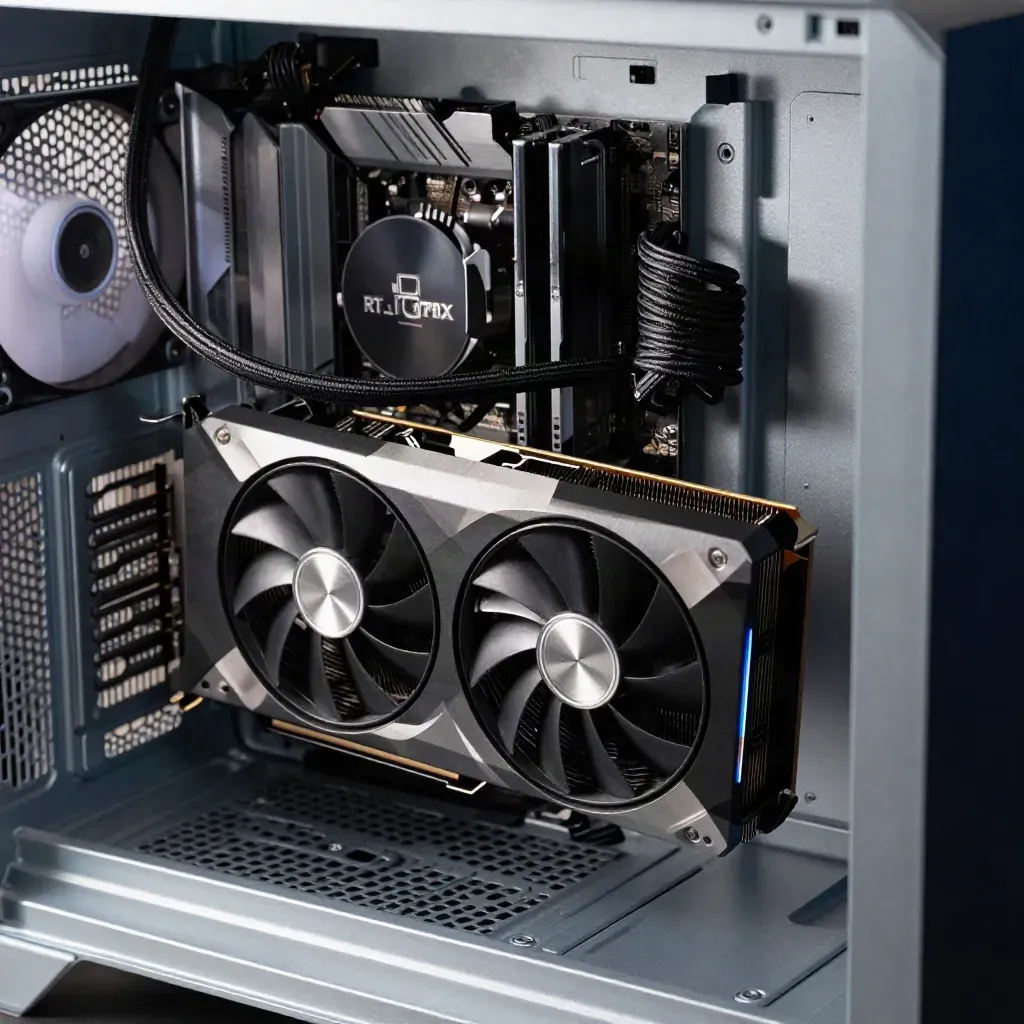 RTX 4070 Super idling in a quiet PC build with a coiled cable and slow fan