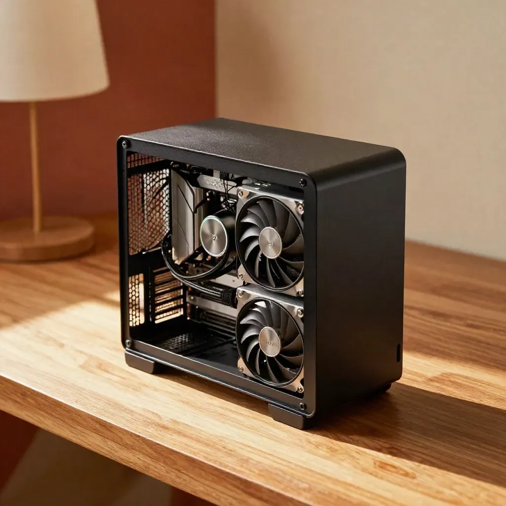 Top-down RTX 4060 cooling in a cozy late-afternoon workshop, warm light and cyan reflections.