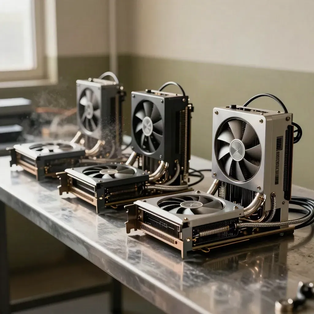 Three GPU test rigs finish a benchmark on a workshop bench, fans coasting in bright haze.