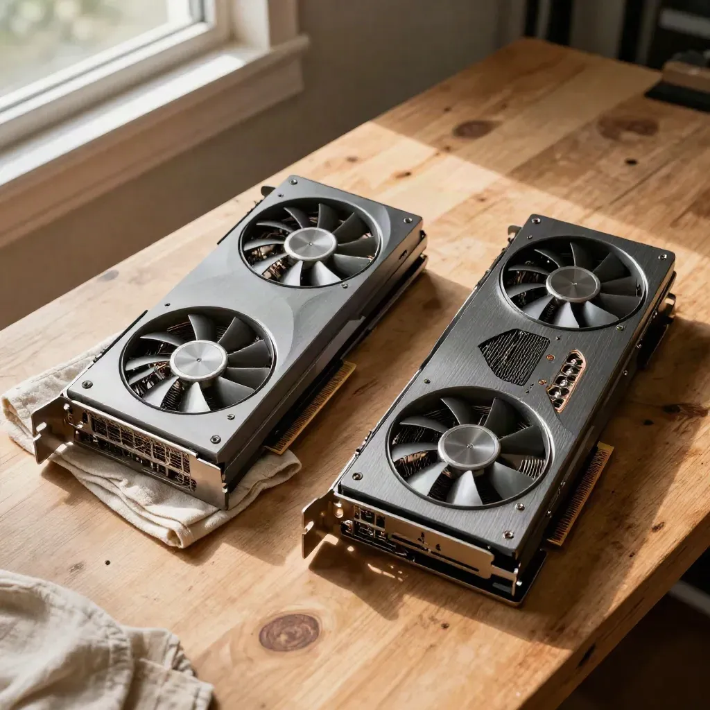 Overhead comparison of two GPUs, twin fans and a folded cloth on a warm workbench.