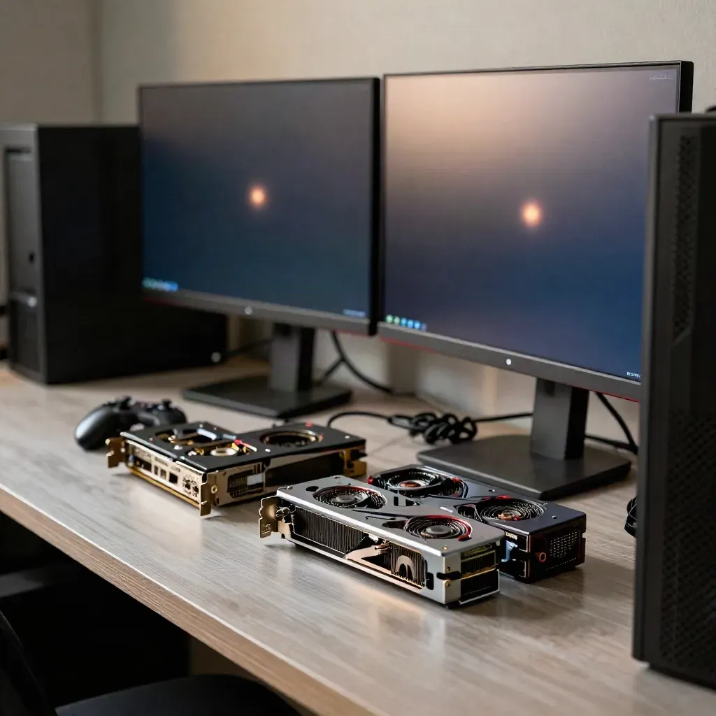 Two GPUs beside turned monitors on a dim hardware bench with controller and cable coil.