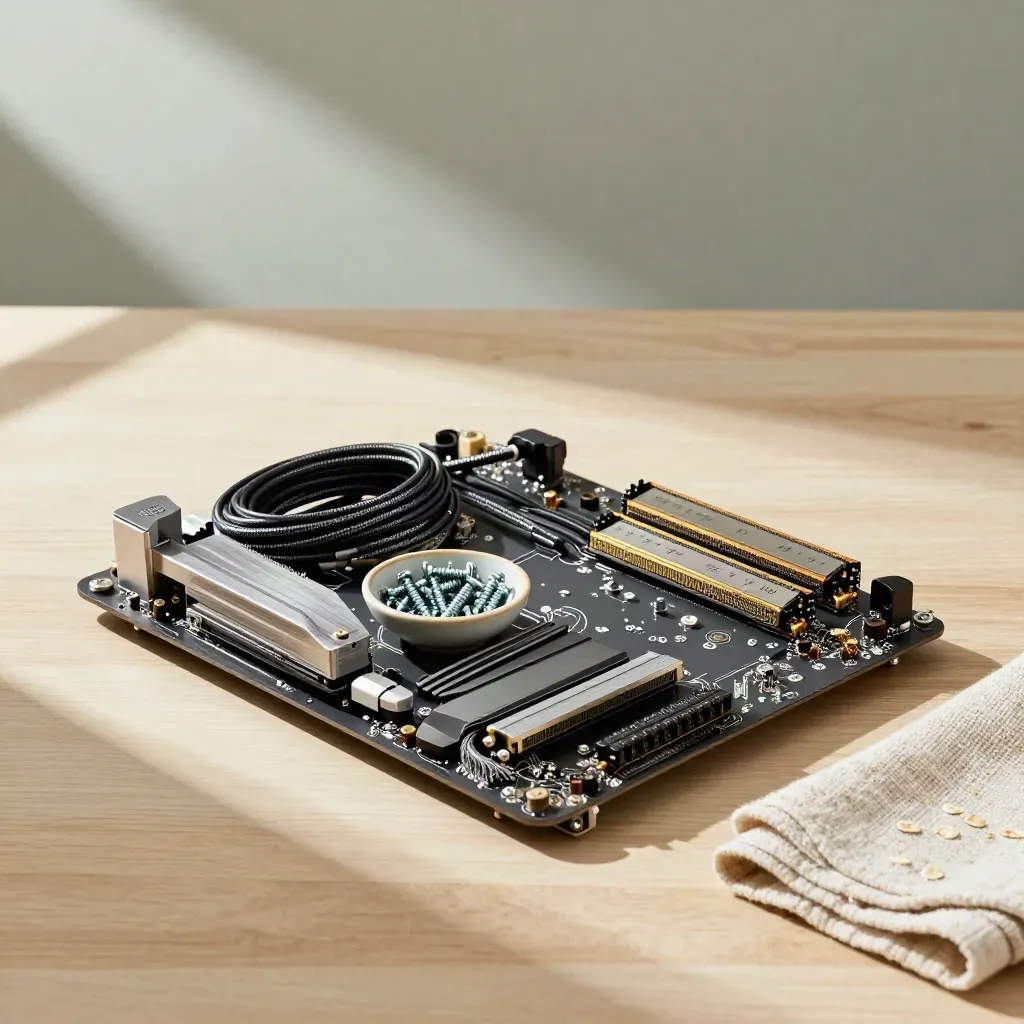 Motherboard tray with braided cables, screws and cloth on pale wood, top-down