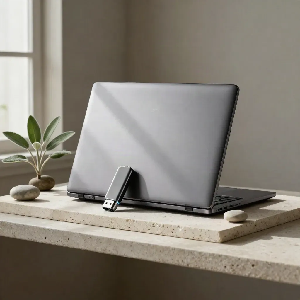 Closed laptop, graphics card and USB drive on a stone tray with a small plant and river stone.